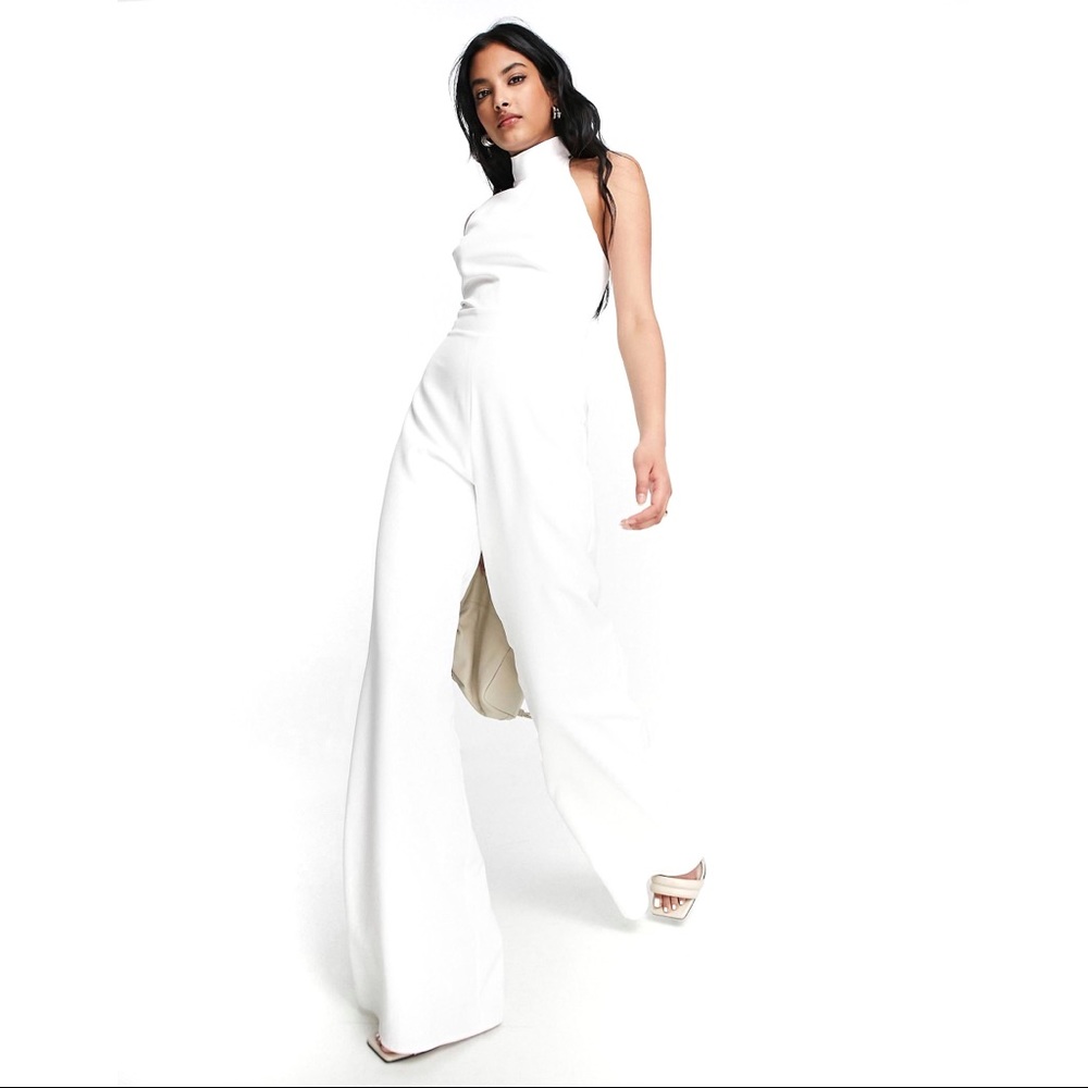 ASOS Bridal Formal Halter Top Wide Leg Jumpsuit Off White Ivory 2
S